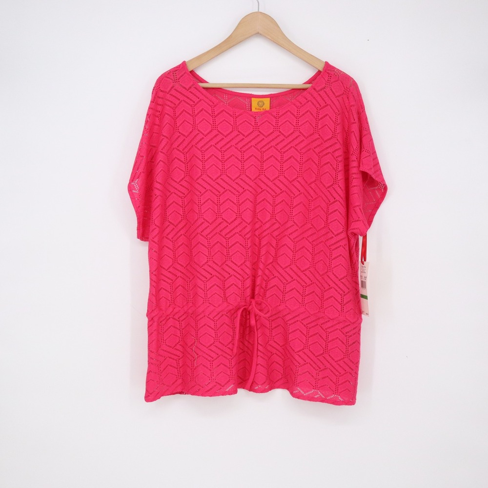 Ruby Rd Top Womens L Flamingo Pink Drawstring Geometric Knit NEW NWT
